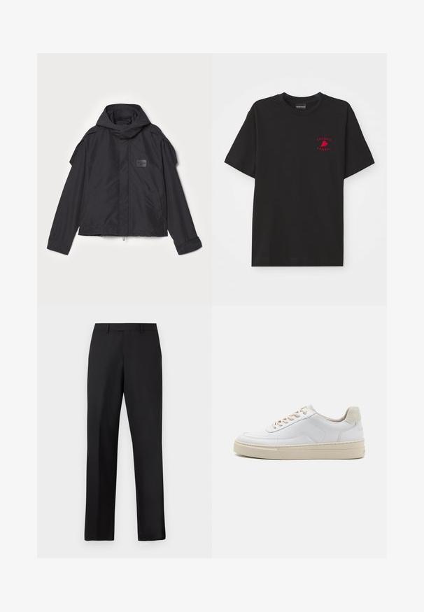 Musthaveheide mustaghuri hoodiga, valge catsosta. Omab esist zip ja külge taskud, õlavarre aksendid. Lihtne disain ja silt.; Mustas puuvillane t-särk ümarate kaelustega ja lühikeste varrukatega; rinnal on punane brodeeritud "Emporio Armani" logo ja süda.; Mustad, sirge lõikega püksid, mis on valmistatud siledast kangast. Omavad tavalist vöökirja ja puuduvad nähtavad mustrid või aksendid.; Valged tennisajalatsid, millel on sile naha pealis, beežid paelad ja tekstureeritud beežist seemisnahast kand. Tõstetud tallad lisatud kõrguse saavutamiseks.