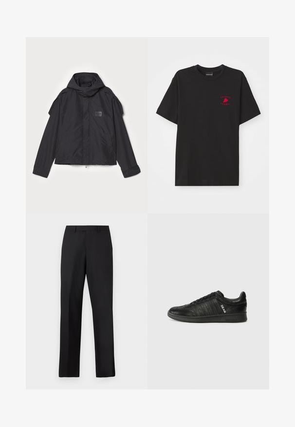 Juodas švarkas su kapišonu, pagamintas iš lygios medžiagos. Yra užtrauktukas priekyje, šoninės kišenės ir pečių akcentai. Paprastas dizainas su etikete.; Juodas medvilnės marškinėliai su apvaliu kaklu ir trumpomis rankovėmis; krūtinės srityje yra raudona siuvinėta "Emporio Armani" logotipas ir širdelė.; Juodos, tiesios kojų kelnės iš lygaus audinio. Turi standartinę juosmens juostą ir neturi matomų raštų ar akcentų.; Juodi sportbačiai, pagaminti iš tekstūruotos odos, su plokščiu padu, raišteliais priekyje ir šoninėmis juostelėmis, ant kurių užrašas "DEAN" baltu rašalu.