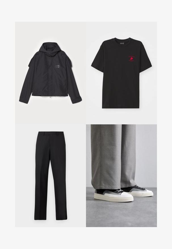 Black jacket with a hood, made of smooth fabric. Features a zip front, side pockets, and shoulder accents. Simple design with a label.; Black cotton t-shirt with a round neck and short sleeves; features red embroidered "Emporio Armani" logo and heart on the chest area.; Black, straight-leg trousers made of smooth fabric. Features a standard waistband and no visible patterns or accents.; Filling Pieces RIVIERA - Trainers - grey