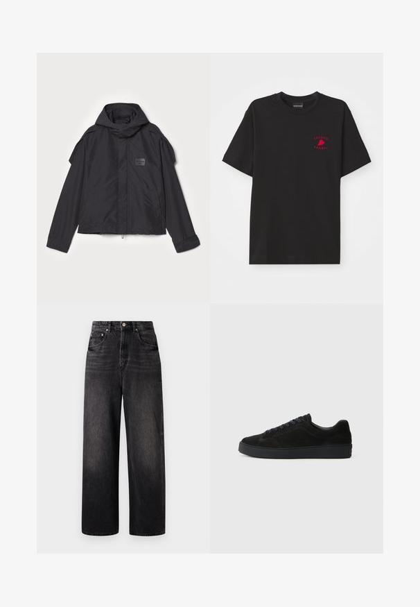 Černá bunda s kapucí, vyrobená z hladké tkaniny. Obsahuje zapínání na zip vpředu, boční kapsy a akcenty na ramenou. Jednoduchý design s štítkem.; Černé bavlněné tričko s kulatým výstřihem a krátkými rukávy; na hrudníku má červeně vyšívané logo "Emporio Armani" a srdce.; Černé džíny z denimu s volným střihem, vysokým pasem, pěti kapsami a viditelným zapínáním na knoflík. Obsahují jemné zesvětlení a rovný střih nohavic.; Černé semišové tenisky s plochou, strukturovanou podrážkou, zaoblenou špičkou, šesti očky na tkaničky a minimalistickým designem.