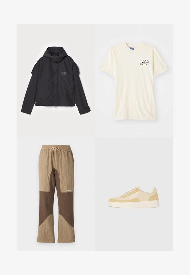 Fekete kapucnis dzseki, sima anyagból készült. Elöl zipzárral záródik, oldalsó zsebekkel és vállrész kiemelésekkel rendelkezik. Egyszerű dizájn jellemzi, címkével.; Krém színű pamut póló kerek nyakkivágással és rövid ujjakkal. A bal mellen egy kis fekete logó és színes pöttyök találhatók.; Barna és barna árnyalatú blokk színű nadrág, gumis derékkal, zsinórral és logós felirattal. Texturált anyagból készült, laza szabással.; Világos sárga velúr és bőr sportcipők, párnázott talppal és varrott részletekkel. Klasszikus fűzős kialakítás, lekerekített orral.