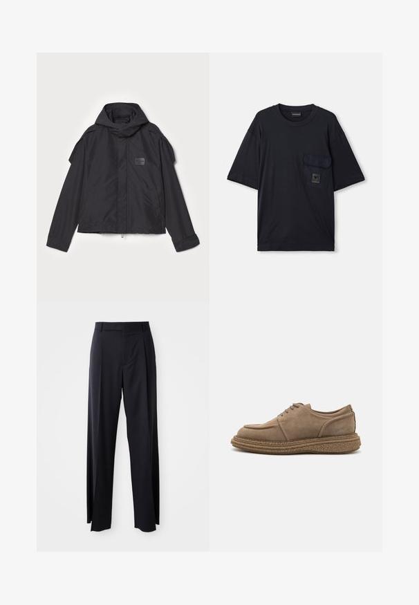 Czarna kurtka z kapturem, wykonana z gładkiego materiału. Posiada zamek z przodu, boczne kieszenie i akcenty na ramionach. Prosty design z metką.; Czarna krótkozasięgowa koszulka z okrągłym dekoltem, z klapką na lewej piersi, z małą prostokątną łatką z logo.; Czarne, wysokie spodnie o szerokim kroju, wykonane z gładkiego materiału. Posiadają zakładki z przodu i paski na pasek. Minimalistyczny design, bez widocznych elementów metalowych.; Brązowe zamszowe buty na sznurówki z okrągłym noskiem, teksturowaną korkową podeszwą i lekko uniesionym obcasem. Proste przeszycia na bokach.