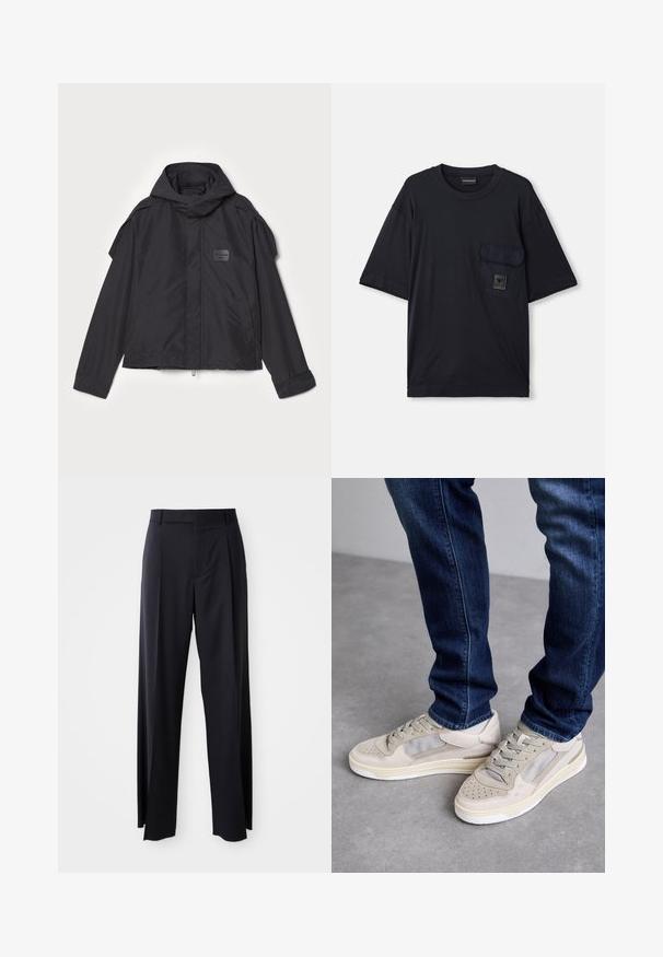 Czarna kurtka z kapturem, wykonana z gładkiego materiału. Posiada zamek z przodu, boczne kieszenie i akcenty na ramionach. Prosty design z metką.; Czarna krótkozasięgowa koszulka z okrągłym dekoltem, z klapką na lewej piersi, z małą prostokątną łatką z logo.; Czarne, wysokie spodnie o szerokim kroju, wykonane z gładkiego materiału. Posiadają zakładki z przodu i paski na pasek. Minimalistyczny design, bez widocznych elementów metalowych.; Beżowe sneakersy z siateczkowymi i zamszowymi akcentami, z perforowanymi noskami, płaskimi sznurowadłami i białą podeszwą. W połączeniu z ciemnoniebieskimi dżinsami.