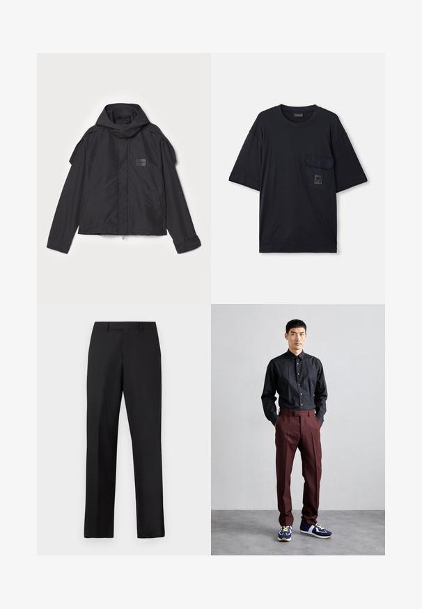 Juodas švarkas su kapišonu, pagamintas iš lygios medžiagos. Yra užtrauktukas priekyje, šoninės kišenės ir pečių akcentai. Paprastas dizainas su etikete.; Juodas trumpas rankovės marškinėlis su apvalia kaklo iškirpte, su kišene kairėje krūtinės pusėje, ant kurios yra mažas stačiakampio formos logotipas.; Juodos, tiesios kojų kelnės iš lygaus audinio. Turi standartinę juosmens juostą ir neturi matomų raštų ar akcentų.; Juodas ilgomis rankovėmis mygtukų marškinys derinamas su aukštu liemeniu vynuogių spalvos kelnėmis ir mėlynais sportbačiais su žaliais akcentais. Modelis stovi su rankomis kišenėse.