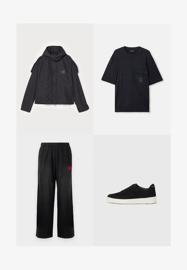 Melna jaka ar kapuci, izgatavota no gludas auduma. Aprīkota ar rāvējslēdzēju priekšā, sānu kabatām un plecu akcentiem. Vienkāršs dizains ar etiķeti.; Melnas īsām piedurknēm kreklu ar apaļu kakla izgriezumu un kabatu uz kreisā krūšu, kas ļauj redzēt nelielu taisnstūra formas logo plāksteri.; Melni sporta bikses ar elastīgu jostasvietu un sānu kabatām. Labajā augšstilbā atrodas sarkans "Billionaire Boys Club" logo. Mīksta, gluda struktūra.; Melnas zamšas kedas ar auklām un kontrastējošu baltu gumijas zoli. Iekļauj teksturētas sānu panēles un diskretu zīmolu uz papēža.