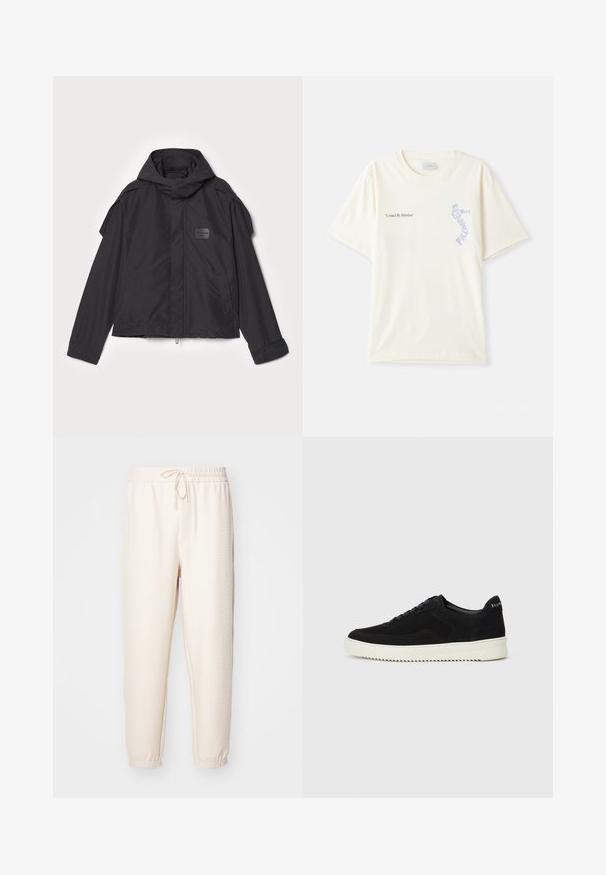 Sort jakke med hætte, lavet af glat stof. Har lynlåslukning foran, sidelommer og skulderdetaljer. Simpel design med et mærke.; Hvid bomulds t-shirt med korte ærmer, prydet med teksten "United By Rhythm" i sort og blå grafik på brystet. Rund halsdesign.; Flødefarvede joggerbukser med et tekstureret mønster, elastisk talje med snøre og ribbede manchetter ved anklerne.; Sort ruskinds sneaker med snørebånd og kontrasterende hvid gummisål. Har teksturerede sidepaneler og diskret branding på hælen.