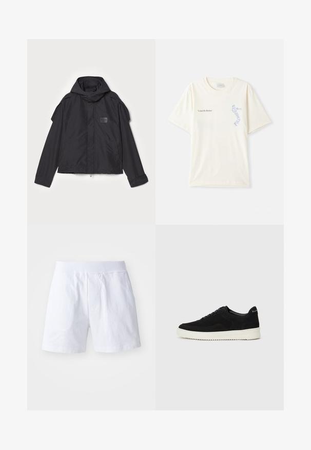 Sort jakke med hætte, lavet af glat stof. Har lynlåslukning foran, sidelommer og skulderdetaljer. Simpel design med et mærke.; Hvid bomulds t-shirt med korte ærmer, prydet med teksten "United By Rhythm" i sort og blå grafik på brystet. Rund halsdesign.; Hvide bomuldsshorts med elastisk talje, to sidelommer og en afslappet pasform. Glat tekstur uden synlige mønstre eller detaljer.; Sort ruskinds sneaker med snørebånd og kontrasterende hvid gummisål. Har teksturerede sidepaneler og diskret branding på hælen.