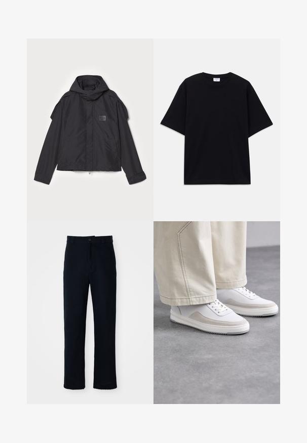 Čierna bunda s kapucňou, vyrobená z hladkej tkaniny. Obsahuje predný zips, bočné vrecká a ramenné akcenty. Jednoduchý dizajn so štítkom.; Čierne nadrozmerné tričko s krátkym rukávom a okrúhlym výstrihom, s viditeľnou značkovou etikou Filippa K vo vnútri goliera.; Námornícke modré nohavice vyrobené z bavlny, so strihom rovného nohavice, predným zapínaním na gombík a klasickým pásom s pútkami na opasok.; Biele tenisky s hladkým koženým zvrškom, béžovými semišovými akcentmi, plochými šnúrkami a textúrovanou gumovou podrážkou, skombinované s svetlými širokými nohavicami.