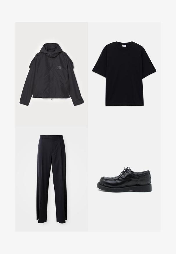 Fekete kapucnis dzseki, sima anyagból készült. Elöl zipzárral záródik, oldalsó zsebekkel és vállrész kiemelésekkel rendelkezik. Egyszerű dizájn jellemzi, címkével.; Fekete, rövid ujjú, oversize póló kerek nyakkivágással és látható Filippa K márkacédulával a gallér belső részén.; Fekete, magasan ültetett nadrág, széles szárai vannak, sima anyagból készült. Elülső redők és övhurkok jellemzik. Minimalista dizájn, látható fémalkatrészek nélkül.; Fekete bőr cipők, kerek orral és vastag gumitalppal. Fonott nyakkal és ívelt varrással rendelkeznek a felső részen.