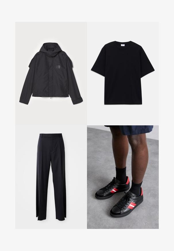Fekete kapucnis dzseki, sima anyagból készült. Elöl zipzárral záródik, oldalsó zsebekkel és vállrész kiemelésekkel rendelkezik. Egyszerű dizájn jellemzi, címkével.; Fekete, rövid ujjú, oversize póló kerek nyakkivágással és látható Filippa K márkacédulával a gallér belső részén.; Fekete, magasan ültetett nadrág, széles szárai vannak, sima anyagból készült. Elülső redők és övhurkok jellemzik. Minimalista dizájn, látható fémalkatrészek nélkül.; Fekete bőr sportcipők piros és fehér csíkokkal, kerek orral, fekete fűzővel és texturált felülettel. Az oldalon logóval díszítve.