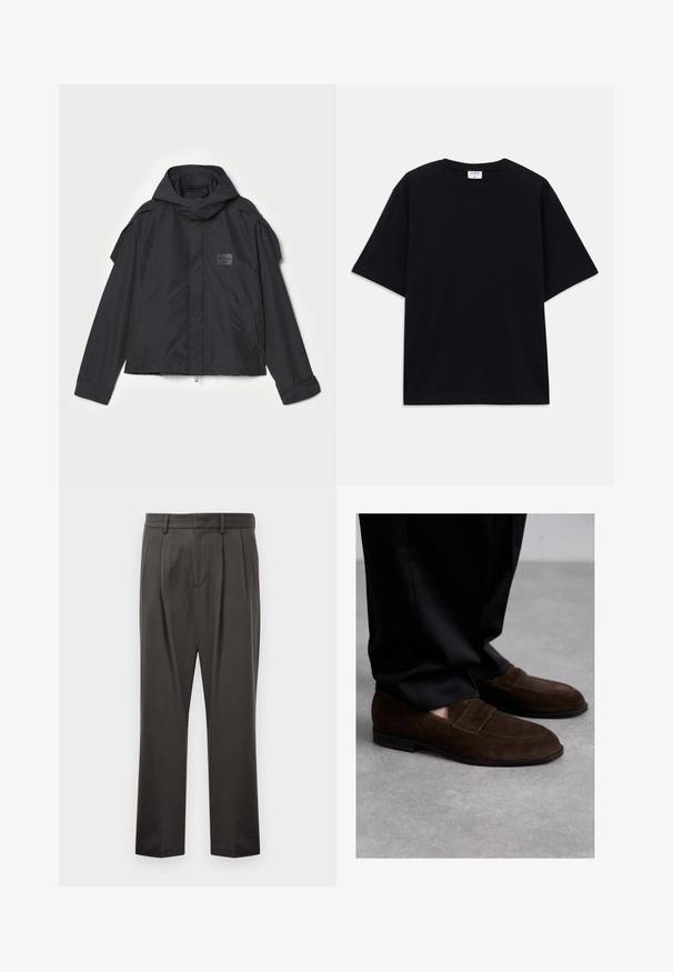 Black jacket with a hood, made of smooth fabric. Features a zip front, side pockets, and shoulder accents. Simple design with a label.; Black short-sleeve oversized T-shirt with round neckline and visible Filippa K brand label inside the collar.; Dark gray trousers made from textured fabric, featuring a flat front, pleats, straight legs, and belt loops. No visible hardware or patterns.; Bally CHARNEY - Smart slip-ons - ebano