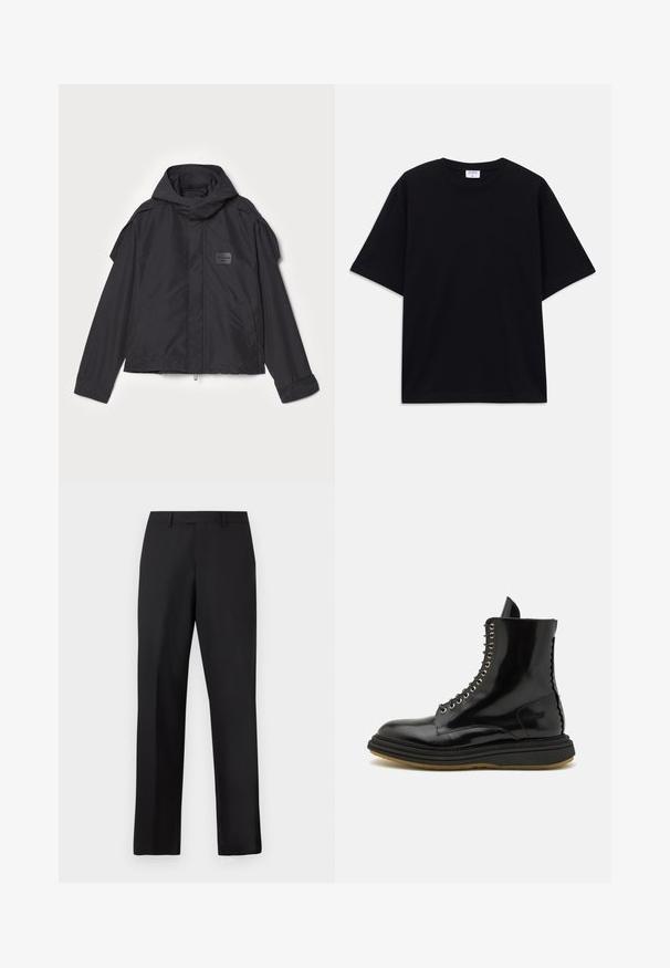 Czarna kurtka z kapturem, wykonana z gładkiego materiału. Posiada zamek z przodu, boczne kieszenie i akcenty na ramionach. Prosty design z metką.; Czarny, krótki rękaw, oversize'owy T-shirt z okrągłym dekoltem i widoczną metką marki Filippa K wewnątrz kołnierza.; Czarne spodnie o prostych nogawkach wykonane z gładkiej tkaniny. Posiadają standardowy pas i nie mają widocznych wzorów ani zdobień.; The Antipode - Botki sznurowane