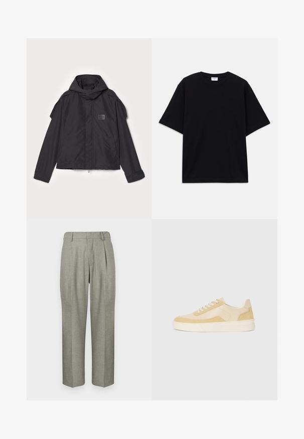 Černá bunda s kapucí, vyrobená z hladké tkaniny. Obsahuje zapínání na zip vpředu, boční kapsy a akcenty na ramenou. Jednoduchý design s štítkem.; Černé oversized tričko s krátkým rukávem, kulatým výstřihem a viditelnou značkou Filippa K uvnitř límce.; Světle šedé kalhoty z texturované tkaniny. Mají střih s rovnými nohavicemi, záhyby vpředu a plochý pas.; Tenisky ve světlé žluté nubukové a kožené úpravě, vybavené polstrovanou podrážkou a šitými detaily. Klasický styl na šněrování s kulatou špičkou.