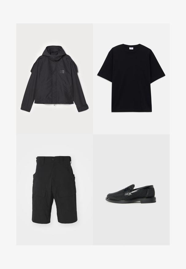 Sort jakke med hætte, lavet af glat stof. Har lynlåslukning foran, sidelommer og skulderdetaljer. Simpel design med et mærke.; Sort oversized T-shirt med korte ærmer og rund halsudskæring, med synlig Filippa K mærke indeni kraven.; Sorte cargo-shorts lavet af letvægtsstof, der har flere lommer, knaplukning og en afslappet pasform med knælangt snit.; Sort vævet slip-on sko med en glat læderdetalje på overdelen, en rund tådesign og en lavprofil gummisål.