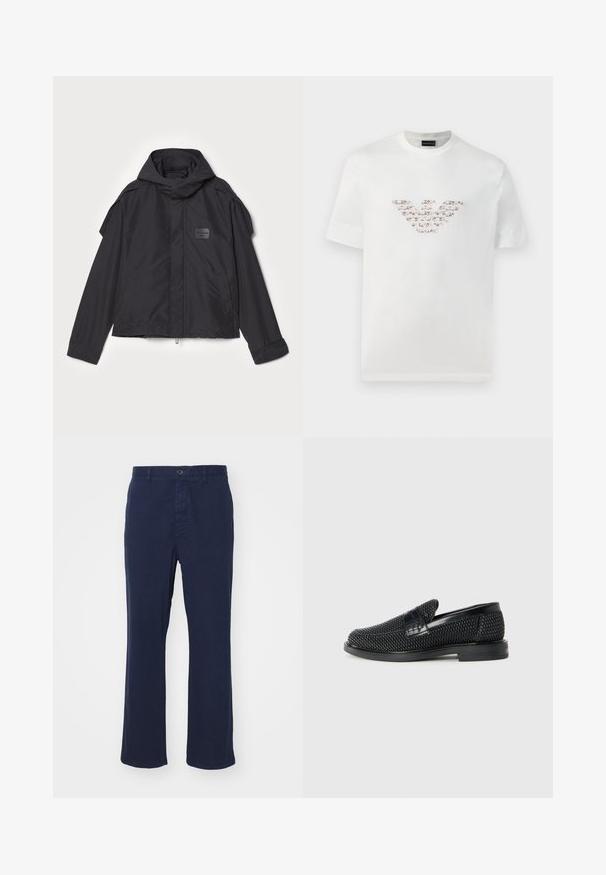 Black jacket with a hood, made of smooth fabric. Features a zip front, side pockets, and shoulder accents. Simple design with a label.; White cotton t-shirt with short sleeves and a crew neckline. Features a central logo design in pink and brown shades.; Navy blue cotton trousers with a straight leg design, featuring a front button closure and side pockets. Smooth texture with minimal detailing.; Black woven slip-on shoe with a smooth leather accent on the upper, a round toe design, and a low-profile rubber sole.