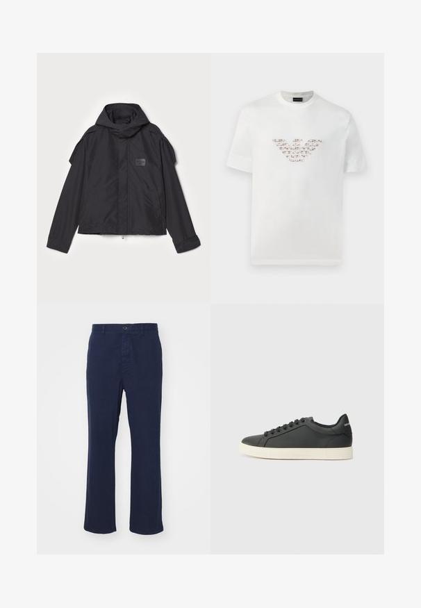 Black jacket with a hood, made of smooth fabric. Features a zip front, side pockets, and shoulder accents. Simple design with a label.; White cotton t-shirt with short sleeves and a crew neckline. Features a central logo design in pink and brown shades.; Navy blue cotton trousers with a straight leg design, featuring a front button closure and side pockets. Smooth texture with minimal detailing.; Black leather sneaker with a low profile, rounded toe, and lace-up closure; features a textured rubber sole and logo detail on the heel.