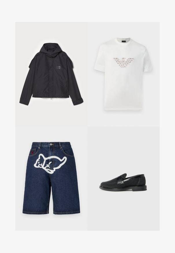 Czarna kurtka z kapturem, wykonana z gładkiego materiału. Posiada zamek z przodu, boczne kieszenie i akcenty na ramionach. Prosty design z metką.; Biała bawełniana koszulka z krótkim rękawem i okrągłym dekoltem. Posiada centralny wzór logo w odcieniach różu i brązu.; Icecream - Szorty jeansowe; Czarny, pleciony but wsuwany z gładkim skórzanym akcentem na cholewce, o okrągłym nosku i niskoprofilowej gumowej podeszwie.