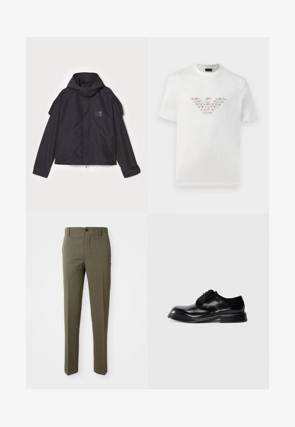 Černá bunda s kapucí, vyrobená z hladké tkaniny. Obsahuje zapínání na zip vpředu, boční kapsy a akcenty na ramenou. Jednoduchý design s štítkem.; Bílý bavlněný tričko s krátkými rukávy a kulatým výstřihem. Má centrální logo v růžových a hnědých odstínech.; Olivově zelené kalhoty na míru se hladkým povrchem, rovný střih, jedno přední knoflíkové zapínání a boční kapsy pro pohodlí.; Černé kožené společenské boty se zaoblenou špičkou, hladkým povrchem, šněrováním a vrstvou podpatku. Minimalistický styl bez viditelných log.