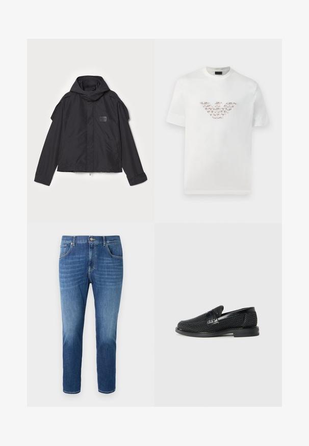 Černá bunda s kapucí, vyrobená z hladké tkaniny. Obsahuje zapínání na zip vpředu, boční kapsy a akcenty na ramenou. Jednoduchý design s štítkem.; Bílý bavlněný tričko s krátkými rukávy a kulatým výstřihem. Má centrální logo v růžových a hnědých odstínech.; Modré džínové kalhoty s rovním střihem, varianty světlého a tmavého praní, design s pěti kapsami, kovové zapínání na knoflík a prošívané detaily.; Černé pletené nazouvací boty s hladkým koženým akcentem na svršku, kulatou špičkou a nízkoprofilovou gumovou podrážkou.