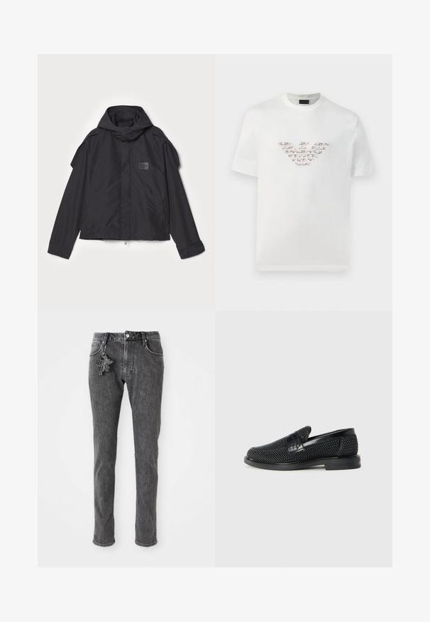 Fekete kapucnis dzseki, sima anyagból készült. Elöl zipzárral záródik, oldalsó zsebekkel és vállrész kiemelésekkel rendelkezik. Egyszerű dizájn jellemzi, címkével.; Fehér pamut póló rövid ujjakkal és kerek nyakkivágással. Középen rózsaszín és barna árnyalatokkal ellátott logó díszítéssel rendelkezik.; Fekete farmernadrág slim fit szabással, elöl gombos záródással, öt zsebbel, és egy kis kulcstartó részlettel a bal zsebben.; Fekete szőtt slip-on cipő sima bőr díszítéssel a felsőrészen, kerek orral és alacsony profilos gumitalppal.
