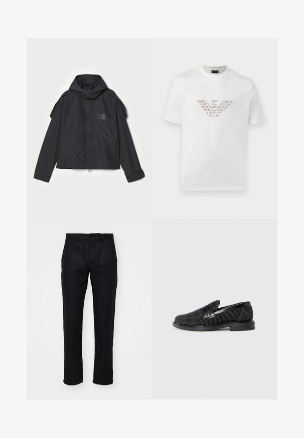 Black jacket with a hood, made of smooth fabric. Features a zip front, side pockets, and shoulder accents. Simple design with a label.; White cotton t-shirt with short sleeves and a crew neckline. Features a central logo design in pink and brown shades.; NN.07 THEO - Trousers - black; Black woven slip-on shoe with a smooth leather accent on the upper, a round toe design, and a low-profile rubber sole.