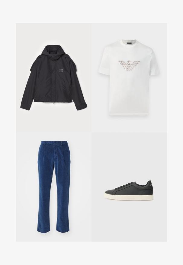 Melna jaka ar kapuci, izgatavota no gludas auduma. Aprīkota ar rāvējslēdzēju priekšā, sānu kabatām un plecu akcentiem. Vienkāršs dizains ar etiķeti.; Baltas kokvilnas T-krekls ar īsām piedurknēm un apaļu kakla izgriezumu. Iekļaujas centrāls logo dizains rozā un brūnos toņos.; Zilos korduroja biksēs ar taisnu kāja dizainu, kas iekļauj priekšēja plisējuma elementus un teksturētu virsmu. Nav redzamu stiprinājumu vai akcentu.; Melna ādas kedas ar zemu profilu, noapaļotu purngalu un savelkamu aizdari; ar teksturētu gumijas zoli un logotipa detaļu uz papēža.