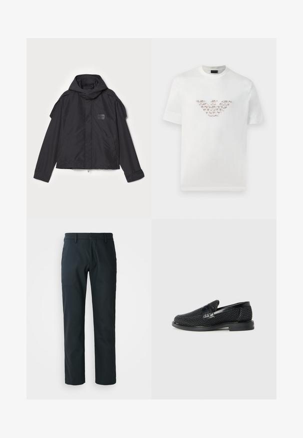 Musthaveheide mustaghuri hoodiga, valge catsosta. Omab esist zip ja külge taskud, õlavarre aksendid. Lihtne disain ja silt.; Valge puuvillane T-särk lühikeste varrukatega ja ringkaelusega. Omab keskmist logo kujundust roosa ja pruuni värvitoonis.; Mustad sirged püksid, mis on valmistatud siledast kangast; sisaldavad vööloopide ja lamedat esiosa. Küljepockets on olemas.; Must musta kootud slip-on king, millel on pehme nahast accent ülaserval, ümmargune varvas ja madal profiiliga kummitald.