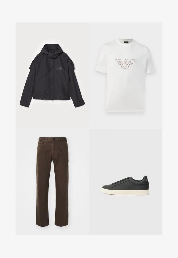 Black jacket with a hood, made of smooth fabric. Features a zip front, side pockets, and shoulder accents. Simple design with a label.; White cotton t-shirt with short sleeves and a crew neckline. Features a central logo design in pink and brown shades.; Theory VIGGO - Straight leg jeans - brown; Black leather sneaker with a low profile, rounded toe, and lace-up closure; features a textured rubber sole and logo detail on the heel.