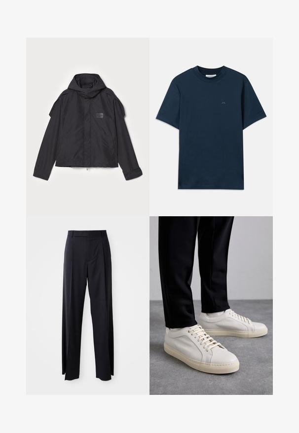 Musthaveheide mustaghuri hoodiga, valge catsosta. Omab esist zip ja külge taskud, õlavarre aksendid. Lihtne disain ja silt.; Tumesinine puuvillane T-särk, ümar kaeluses, lühikeste varrukatega ning rinnaesine on vaikselt logoga. Sile tekstuur ja klassikaline lõige.; Mustad, kõrge vöökohtaga püksid laia säärte lõikega, valmistatud siledast kangast. Omab ees plekke ja vöörihmade jaoks silmuseid. Minimalistlik disain, nähtavat riistvara pole.; Kergedbežsest nahkkingad lamepaeltega, reljeefse pinnaga ja kontrastse kreemivärvi kummitallaga, kombineeritud mustade kitsaste pükstega.