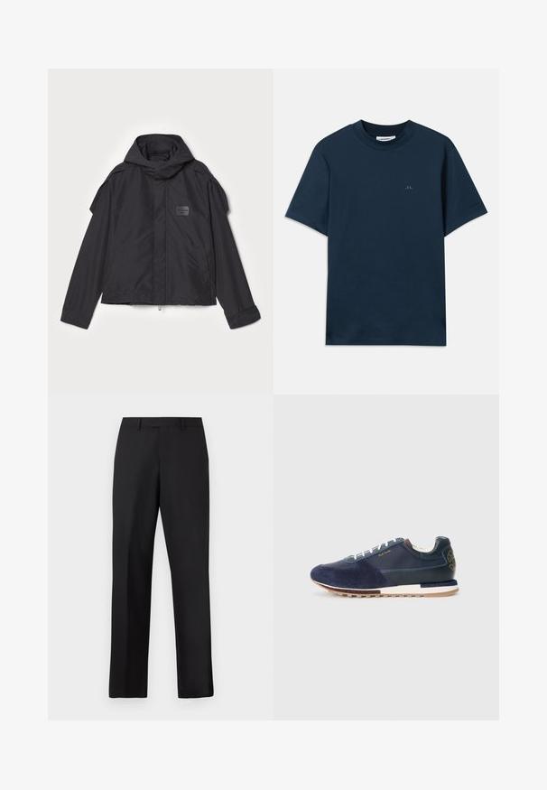 Fekete kapucnis dzseki, sima anyagból készült. Elöl zipzárral záródik, oldalsó zsebekkel és vállrész kiemelésekkel rendelkezik. Egyszerű dizájn jellemzi, címkével.; Sötétkék pamut póló, kerek nyakkal, rövid ujjakkal és finoman nyomtatott logóval a mellkason. Sima tapintású és klasszikus fazonú.; Fekete, egyenes szárú nadrág sima anyagból. Standard derékpánttal rendelkezik, és nincsenek látható minták vagy díszítések.; Tengerészkék velúr és bőrszövetű sneaker fehér fűzőkkel, texturált talppal és barna akcentussal a hátsó részen, amelyen logós részlet található.