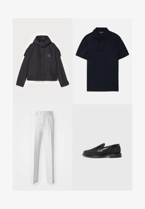 Čierna bunda s kapucňou, vyrobená z hladkej tkaniny. Obsahuje predný zips, bočné vrecká a ramenné akcenty. Jednoduchý dizajn so štítkom.; Námornícko-modrá polo košeľa s krátkym rukávom a golierom, s jemným logom na ľavej hrudi, položená na bielom pozadí.; Svetlo šedé elegantné nohavice z zmesi ľanu; majú rovný strih, plochý predný diel a pútka na opasok. Minimalistický dizajn, bez viditeľných ozdôb.; Čierne tkané slip-on topánky s hladkým koženým akcentom na vrchnej časti, s okrúlym dizajnom špičky a nízkoprofilovou gumovou podrážkou.