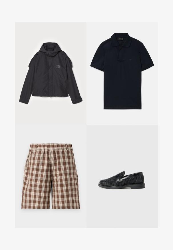 Black jacket with a hood, made of smooth fabric. Features a zip front, side pockets, and shoulder accents. Simple design with a label.; Navy blue short-sleeve polo shirt with collar and subtle logo on the left chest, flat-lay on white background.; Brown plaid shorts with an elastic waistband, featuring light beige check patterns and side pockets. Made from a lightweight fabric.; Black woven slip-on shoe with a smooth leather accent on the upper, a round toe design, and a low-profile rubber sole.