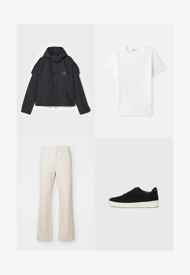 Black jacket with a hood, made of smooth fabric. Features a zip front, side pockets, and shoulder accents. Simple design with a label.; White cotton t-shirt, crew neckline, short sleeves, smooth texture, no patterns or accents, simple design, standard fit.; Beige cotton trousers with a straight-leg design, featuring a front zipper and button closure, smooth texture, and minimalistic style.; Black suede sneaker with lace-up design and contrasting white rubber sole. Features textured side panels and subtle branding on the heel.