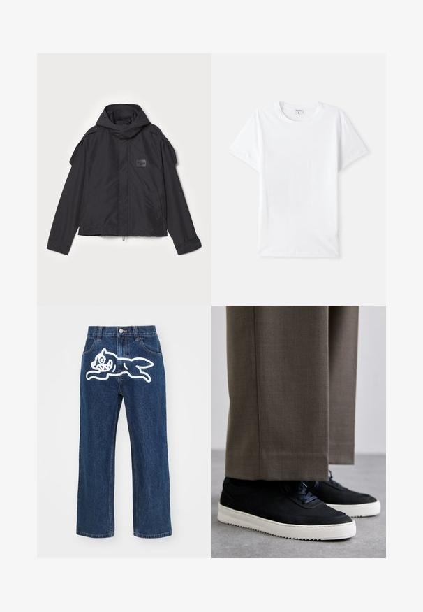 Μαύρο μπουφάν με κουκούλα, κατασκευασμένο από λεία ύφανση. Διαθέτει φερμουάρ μπροστά, πλάγιες τσέπες και διακρίσεις στους ώμους. Απλός σχεδιασμός με ετικέτα.; Λευκό βαμβακερό T-shirt, στρογγυλή λαιμόκοψη, κοντά μανίκια, λείος υφασμάτινος υφή, χωρίς σχέδια ή διακοσμητικά, απλός σχεδιασμός, κανονική εφαρμογή.; Σκούρες μπλε τζιν παντελόνες με φαρδιά γραμμή που διαθέτουν ένα μεγάλο λευκό καρτούν σκύλου στο πίσω τσέπη. Υφή τζιν, παραδοσιακό σχέδιο με πέντε τσέπες.; Μαύρα σουέντ αθλητικά παπούτσια με λευκές καουτσούκ σόλες, με στρογγυλή μύτη και κορδόνια, φορεμένα με γκρι προσαρμοσμένα παντελόνια.