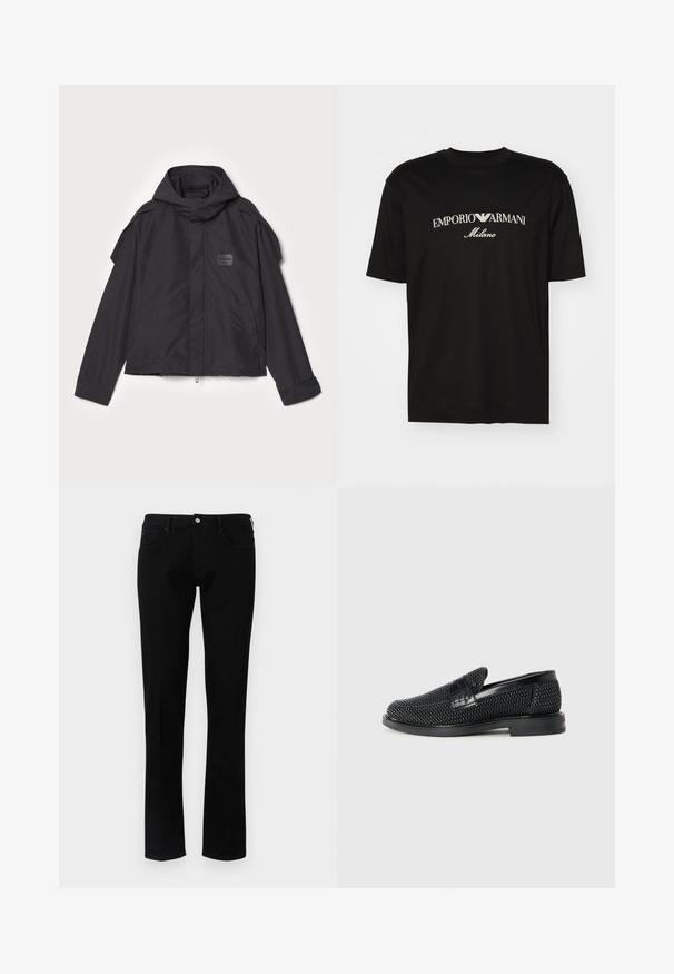 Μαύρο μπουφάν με κουκούλα, κατασκευασμένο από λεία ύφανση. Διαθέτει φερμουάρ μπροστά, πλάγιες τσέπες και διακρίσεις στους ώμους. Απλός σχεδιασμός με ετικέτα.; Μαύρη βαμβακερή μπλούζα T-shirt με στρογγυλή λαιμόκοψη, κοντά μανίκια και το λογότυπο "EMPORIO ARMANI" σε λευκό χρώμα πάνω από τη λέξη "Milano" σε κυρτή σχεδίαση.; Emporio Armani 5 POCKETS PANT - Slim fit jeans - black denim; Μαύρο πλεκτό παπούτσι slip-on με λείο δερμάτινο στοιχείο στο άνω μέρος, στρογγυλή μύτη και χαμηλό καουτσούκ πάτο.