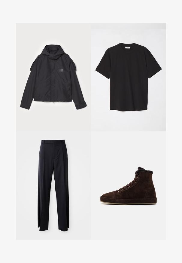 Musthaveheide mustaghuri hoodiga, valge catsosta. Omab esist zip ja külge taskud, õlavarre aksendid. Lihtne disain ja silt.; Must must t-särk, millel on ümmargune kaelus, lühikesed varrukad ja lõdva soe. Lihtne disain, sile tekstuur ja nähtamatud mustrid või logod.; Mustad, kõrge vöökohtaga püksid laia säärte lõikega, valmistatud siledast kangast. Omab ees plekke ja vöörihmade jaoks silmuseid. Minimalistlik disain, nähtavat riistvara pole.; Prunaväni nubukist kõrged tossud, millel on paelad ees, ümmargune varvas, pehme vooder krae ümber ja kummist tallad.