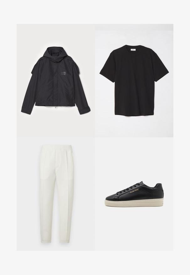 Čierna bunda s kapucňou, vyrobená z hladkej tkaniny. Obsahuje predný zips, bočné vrecká a ramenné akcenty. Jednoduchý dizajn so štítkom.; Čierne bavlnené tričko s okrúhlym výstrihom, krátkymi rukávmi a voľným strihom. Jednoduchý dizajn, hladká textúra a žiadne viditeľné vzory ani logá.; Biele úzke nohavice s elastickým pásom, obsahujúce dve bočné vrecká a hladkú, mierne lesklú textúru.; Čierne kožené tenisky s hladkým povrchom, kontrastnou krémovou podrážkou, zaoblenou špičkou, zlatým logom na boku a šiestimi dierkami na šnúrky.