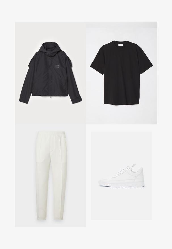 Čierna bunda s kapucňou, vyrobená z hladkej tkaniny. Obsahuje predný zips, bočné vrecká a ramenné akcenty. Jednoduchý dizajn so štítkom.; Čierne bavlnené tričko s okrúhlym výstrihom, krátkymi rukávmi a voľným strihom. Jednoduchý dizajn, hladká textúra a žiadne viditeľné vzory ani logá.; Biele úzke nohavice s elastickým pásom, obsahujúce dve bočné vrecká a hladkú, mierne lesklú textúru.; Biele kožené tenisky s hladkým povrchom, zaoblenou špičkou a plochou podrážkou. Obsahujú strieborné očká a minimalistický dizajn.