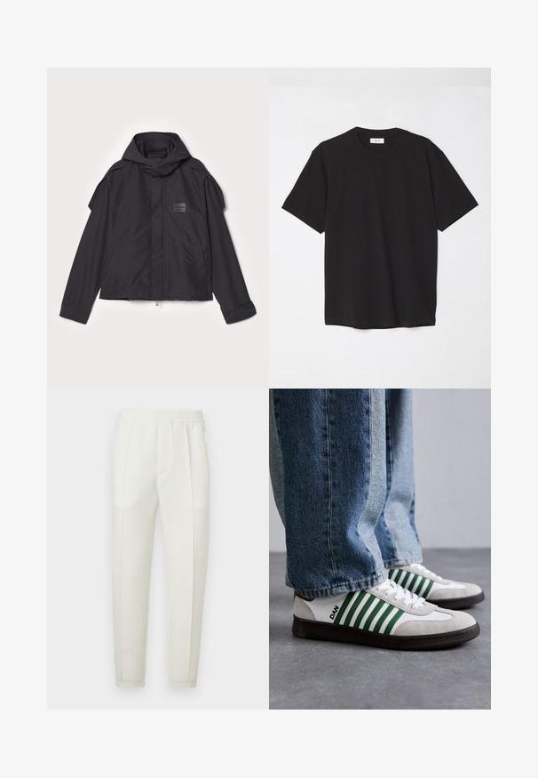 Giacca nera con cappuccio, realizzata in tessuto liscio. Presenta una chiusura frontale con zip, tasche laterali e dettagli sulle spalle. Design semplice con un'etichetta.; T-shirt in cotone nero con colletto a girocollo, maniche corte e vestibilità comoda. Design semplice, texture liscia e senza motivi o loghi visibili.; Pantaloni bianchi slim-fit con una fascia elastica in vita, caratterizzati da due tasche laterali e una texture liscia e leggermente lucida.; Sneaker bianco e verde realizzato in suede e pelle, con strisce verdi, lacci bianchi e suola in gomma. Abbinato a jeans blu.
