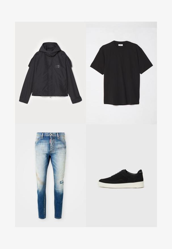 Black jacket with a hood, made of smooth fabric. Features a zip front, side pockets, and shoulder accents. Simple design with a label.; Black cotton t-shirt with a crew neck, short sleeves, and a relaxed fit. Simple design, smooth texture, and no visible patterns or logos.; Light blue faded skinny jeans with a small tear on the right thigh and a red brand tag near the front zipper.; Black suede sneaker with lace-up design and contrasting white rubber sole. Features textured side panels and subtle branding on the heel.