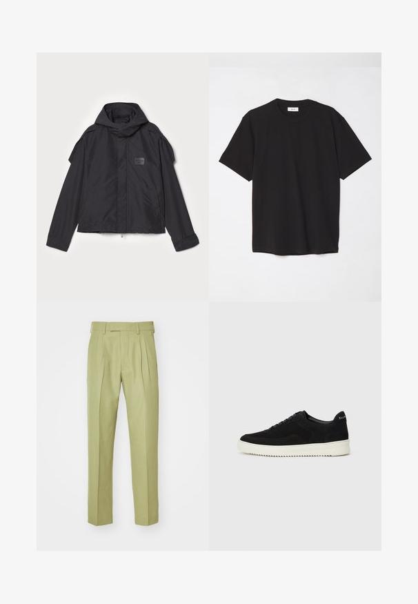 Sort jakke med hætte, lavet af glat stof. Har lynlåslukning foran, sidelommer og skulderdetaljer. Simpel design med et mærke.; Sort bomulds T-shirt med rund hals, korte ærmer og en afslappet pasform. Enkel design, glat tekstur og ingen synlige mønstre eller logoer.; Bukser i lysegrøn, lavet af blødt stof, med høj talje, dobbelte folder og lige ben med en skræddersyet finish.; Sort ruskinds sneaker med snørebånd og kontrasterende hvid gummisål. Har teksturerede sidepaneler og diskret branding på hælen.