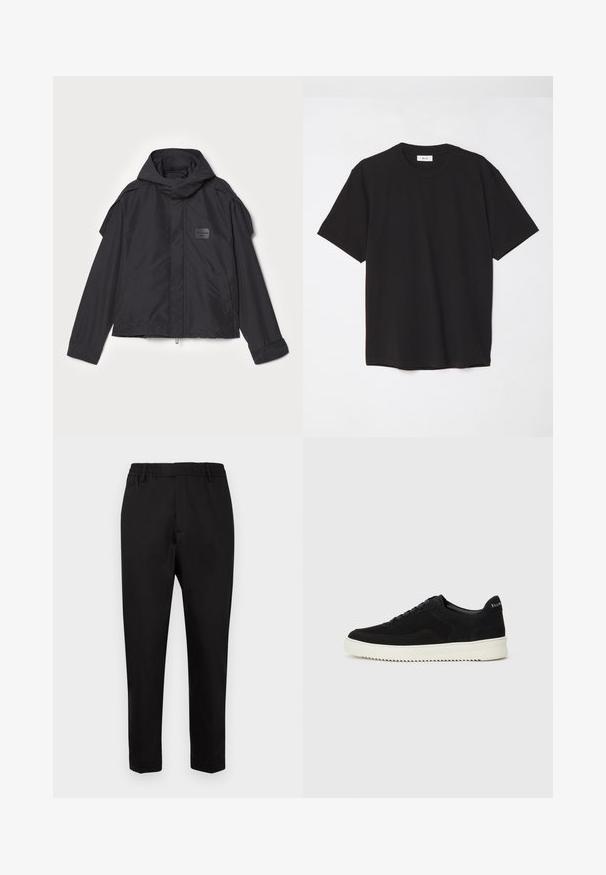 Black jacket with a hood, made of smooth fabric. Features a zip front, side pockets, and shoulder accents. Simple design with a label.; Black cotton t-shirt with a crew neck, short sleeves, and a relaxed fit. Simple design, smooth texture, and no visible patterns or logos.; Black trousers with an elastic waistband, tapered legs, and a smooth texture. Features minimal seams with no visible hardware or accents.; Black suede sneaker with lace-up design and contrasting white rubber sole. Features textured side panels and subtle branding on the heel.