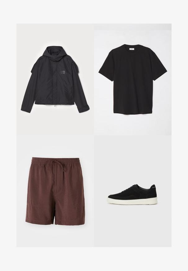 Sort jakke med hætte, lavet af glat stof. Har lynlåslukning foran, sidelommer og skulderdetaljer. Simpel design med et mærke.; Sort bomulds T-shirt med rund hals, korte ærmer og en afslappet pasform. Enkel design, glat tekstur og ingen synlige mønstre eller logoer.; Brune, lette shorts med elastisk talje og snøre. Har sidelommer og en glat, let glansfuld tekstur.; Sort ruskinds sneaker med snørebånd og kontrasterende hvid gummisål. Har teksturerede sidepaneler og diskret branding på hælen.