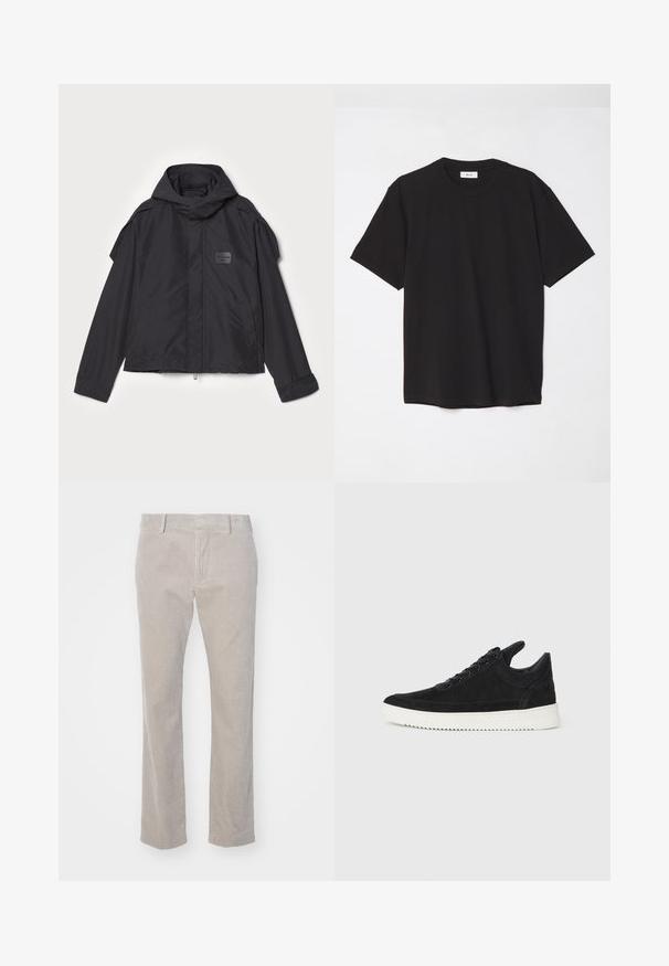 Black jacket with a hood, made of smooth fabric. Features a zip front, side pockets, and shoulder accents. Simple design with a label.; Black cotton t-shirt with a crew neck, short sleeves, and a relaxed fit. Simple design, smooth texture, and no visible patterns or logos.; Beige corduroy pants with vertical ribbed texture, straight cut, and standard waistband. Front pockets and belt loops included.; Black suede sneaker with a white rubber sole, featuring tonal stitching and lace-up design. Smooth texture with a modern, streamlined shape.