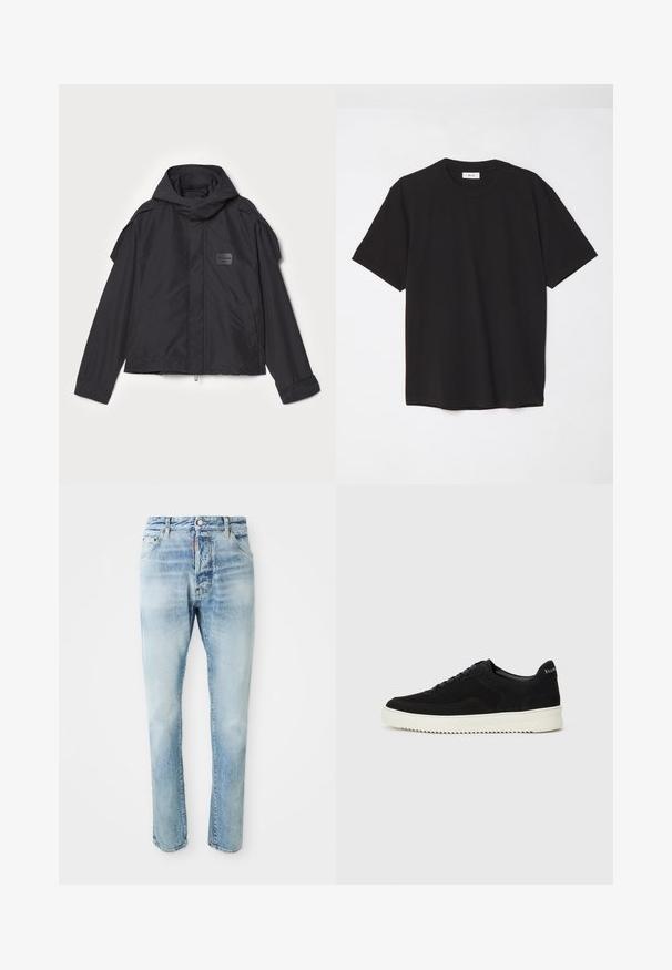 Mustatakki hupulla, valmistettu sileästä kankaasta. Ominaisuuksiin kuuluu vetoketjukiinnitys edessä, sivutaskut ja olkakorostukset. Yksinkertainen muotoilu, jossa on etiketti.; Mustat puuvillapaitat, joissa on pyöreä kaula-aukko, lyhyet hihat ja rento malli. Yksinkertainen muotoilu, sileä pinta ilman näkyviä kuvioita tai logoja.; Vaaleansiniset haalistuneet farkut, joissa on nappi- ja vetoketjukiinnitys, etu- ja takataskut, esiteltynä yksinkertaista valkoista taustaa vasten.; Mustat mokkakengät nauhoilla ja kontrastivalkoisella kumipohjalla. Varustettu teksturoiduilla sivupaneeleilla ja huomaamattomalla brändäyksellä kantapäässä.