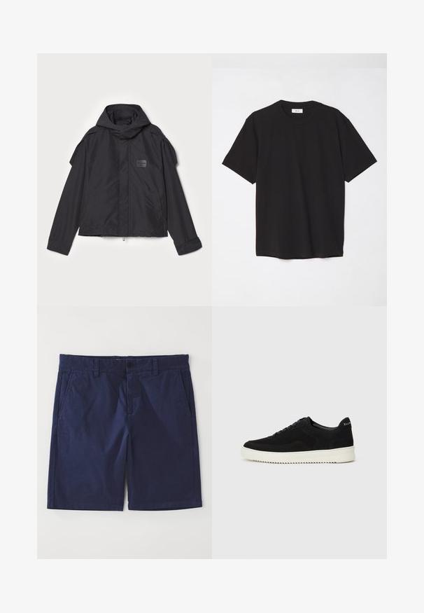 Schwarze Jacke mit Kapuze, aus glattem Stoff. Verfügt über einen Reißverschluss vorne, seitliche Taschen und Schulterakzente. Einfaches Design mit einem Etikett.; Schwarzes Baumwoll-T-Shirt mit Rundhalsausschnitt, kurzen Ärmeln und lockerer Passform. Einfaches Design, glatte Textur und keine sichtbaren Muster oder Logos.; Marineblaue Baumwollshorts mit geradem Schnitt, ausgestattet mit Gürtelschlaufen, einer Knopfverschluss vorne und zwei Seitentaschen. Glatte Textur.; Schwarze Wildleder-Sneaker mit Schnürdesign und kontrastierender weißer Gummisohle. Verfügt über strukturierte Seitenpaneele und dezentes Branding an der Ferse.