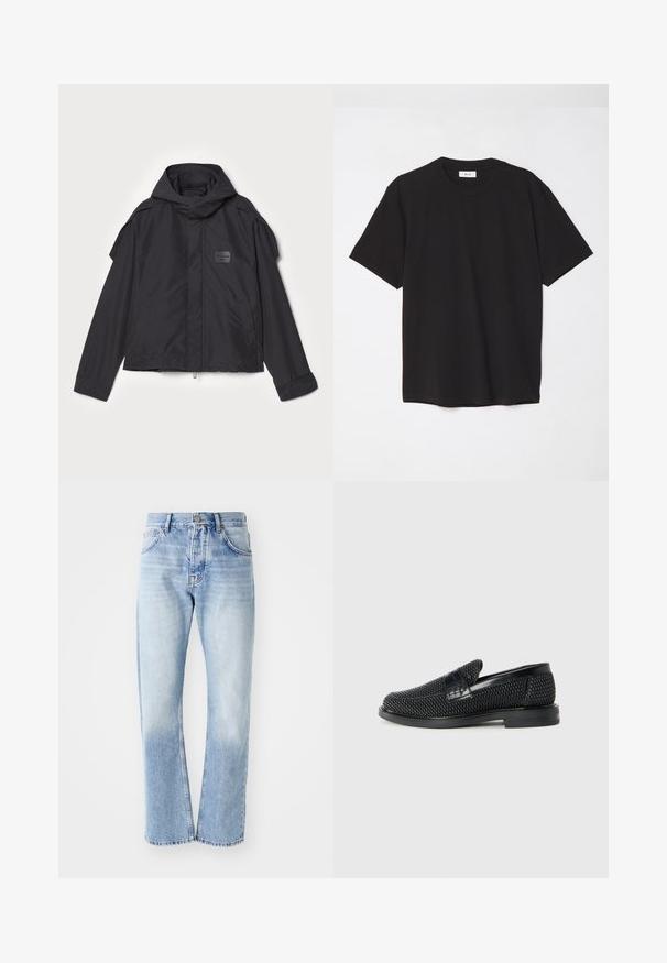Černá bunda s kapucí, vyrobená z hladké tkaniny. Obsahuje zapínání na zip vpředu, boční kapsy a akcenty na ramenou. Jednoduchý design s štítkem.; Černé bavlněné tričko s kulatým výstřihem, krátkými rukávy a volným střihem. Jednoduchý design, hladká textura a žádné viditelné vzory či loga.; Světle modré riflové džíny se střihem rovné nohavice. Mají pět kapes, knoflíkový zip a vybledlý vzhled směrem k dolní části.; Černé pletené nazouvací boty s hladkým koženým akcentem na svršku, kulatou špičkou a nízkoprofilovou gumovou podrážkou.