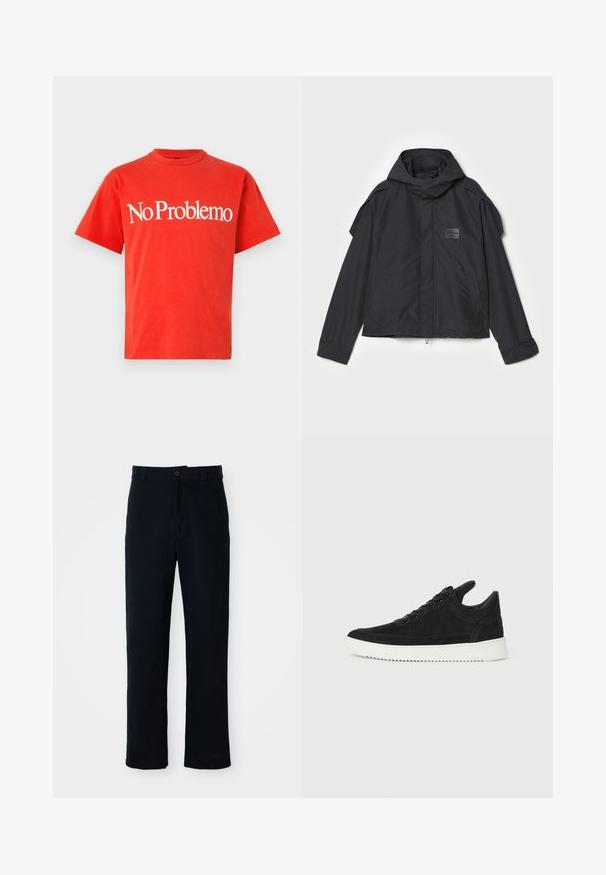 Čierna bunda s kapucňou, vyrobená z hladkej tkaniny. Obsahuje predný zips, bočné vrecká a ramenné akcenty. Jednoduchý dizajn so štítkom.; Červené bavlnené tričko s krátkymi rukávmi a okrúhlym výstrihom. Na hrudi je výrazný biely nápis "No Problemo". Hladká textúra.; Námornícke modré nohavice vyrobené z bavlny, so strihom rovného nohavice, predným zapínaním na gombík a klasickým pásom s pútkami na opasok.; čierne semišové tenisky s bielou gumovou podrážkou, s tonálnym prešívaním a šnurovaním. Hladká textúra s moderným, zjednodušeným tvarom.
