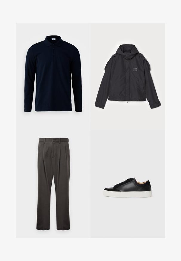 Juodas švarkas su kapišonu, pagamintas iš lygios medžiagos. Yra užtrauktukas priekyje, šoninės kišenės ir pečių akcentai. Paprastas dizainas su etikete.; Filippa K LUKE - Polo marškinėliai - navy; Tamsiai pilki kelnės, pagamintos iš tekstūruoto audinio, su plokščiu priekiniu pjūviu, klostėmis, tiesiomis kojomis ir diržo kilputėmis. Matomų metalinių detalių ar raštų nėra.; Juodas odinės sportbačiai su zomšos akcentais, apvaliu nosiu, plokščiu baltu guminio pado, ir kontrastingomis tekstūromis ant kūno ir raištelių.