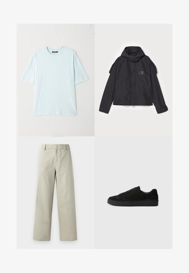 Juodas švarkas su kapišonu, pagamintas iš lygios medžiagos. Yra užtrauktukas priekyje, šoninės kišenės ir pečių akcentai. Paprastas dizainas su etikete.; Šviesiai mėlynas trumpomis rankovėmis marškinėliai su apvaliomis iškirptėmis, pagaminti iš minkštos medžiagos. Turi laisvą siluetą ir glotnų paviršių be raštų ar akcentų.; Han Kjøbenhavn WIDE LEG - Kelnės - light grey; Juodos suedinės sportbačiai su plokščiu, tekstūriniu padu, apvaliu pirštu, šešiais skylutėmis raištams ir minimalistišku dizainu.